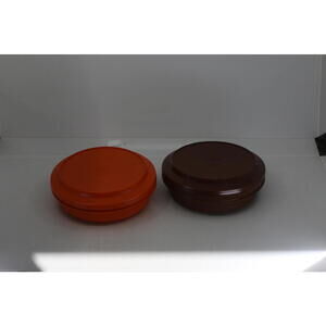 Set of Two Round Plastic Storage Containers with Lids tupperware Orange & Brown